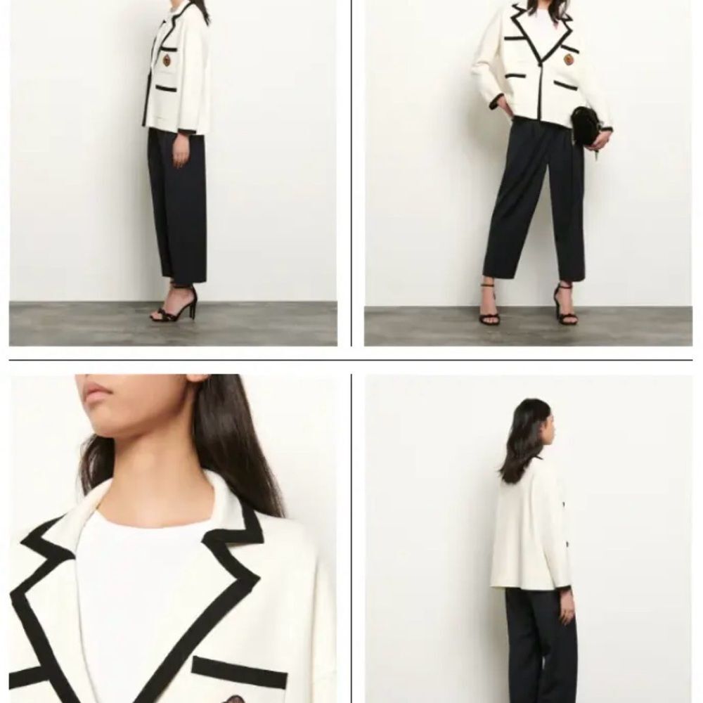 Sandro Paris Crest Patch Contrast Trim Knit Blazer Cardigan Ivory Black Size L